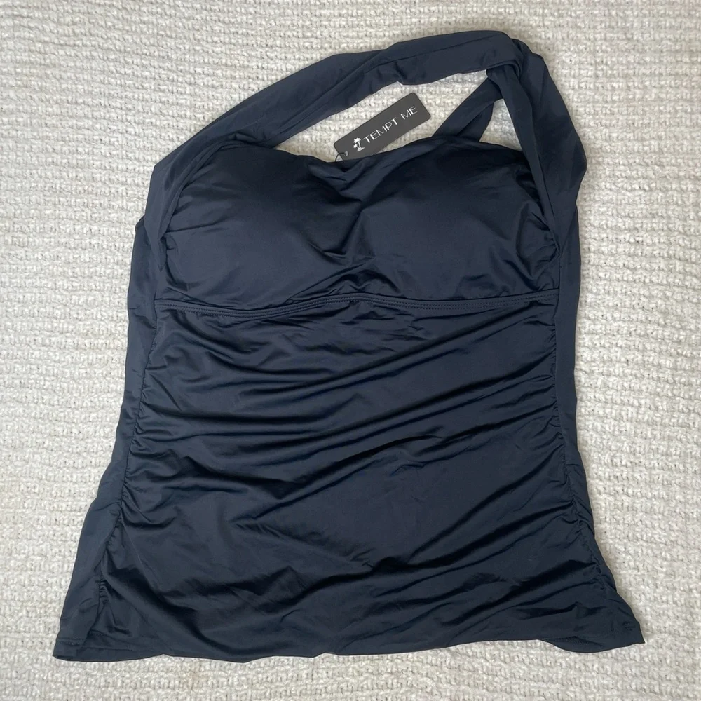 Y2K Tempt Me Ruched Black Halter Tankini Top - Ruched Swimwear BNWT XL - Picture 8 of 9
